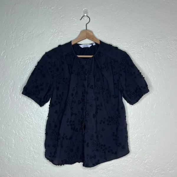 & Other Stories Black Floral Embroidered Puff Sleeve Oversized Blouse Top US 6 - Image 2