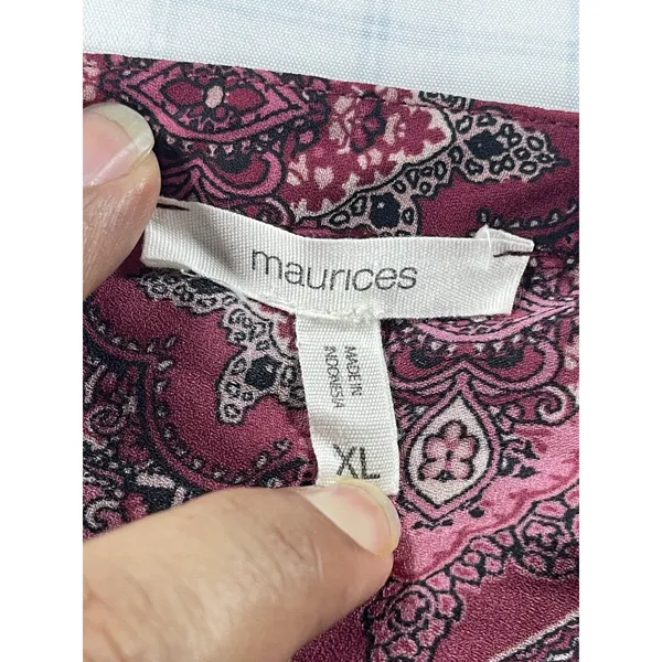 Maurices Women's XL Pink Paisley Boho Blouse Roll-Tab Sleeve V-Neck Tunic - Image 9