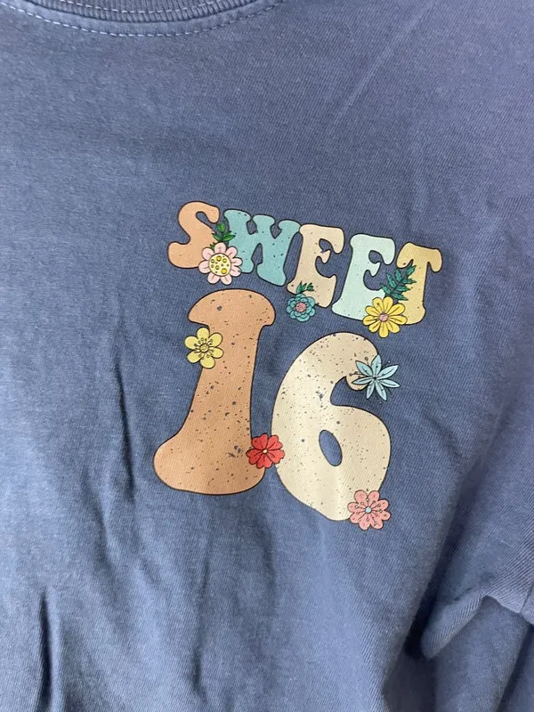 Comfort Colors Sweet 16 Graphic T-Shirt Medium Blue Floral Birthday 100% Cotton - Image 3