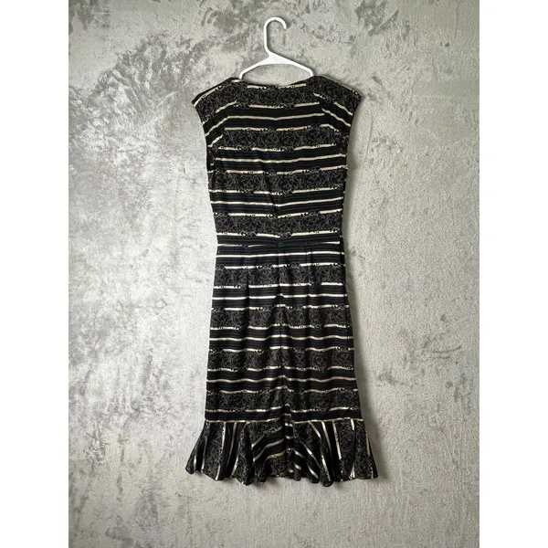 Erin Fetherston Black Gold Lace Stripe Ruffle Hem Sheath Dress Size 2 Classic - Image 3