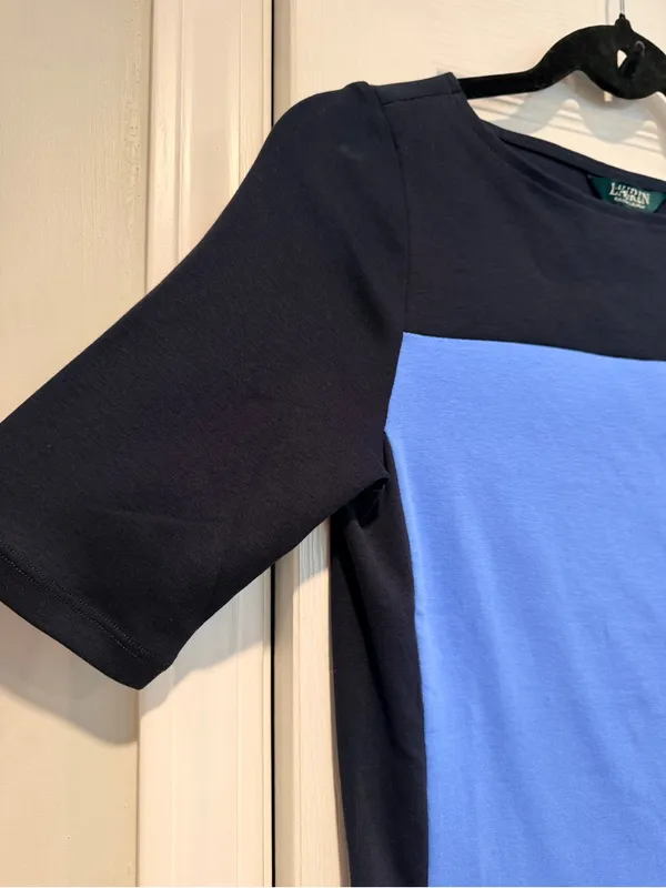 NWOT LRL Lauren Ralph Lauren Size S Blue Colorblock Boat Neck Cuffed Sleeve Top - Image 2