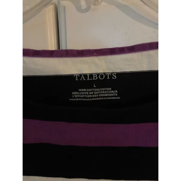 Talbots Womens Large Long Sleeve Cotton Striped Boat Neck Tee Black White Purple - Image 2