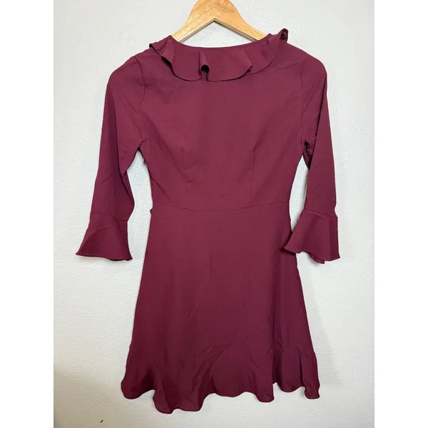 Lulus Burgundy Ruffle V-Neck Bell Sleeve Fit and Flare Mini Dress‎ XS - Image 3