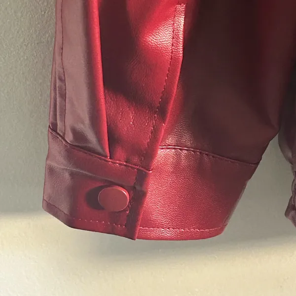 Classic Red Vegan Leather Front Zip Oversized Bomber Style Jacket - Image 3