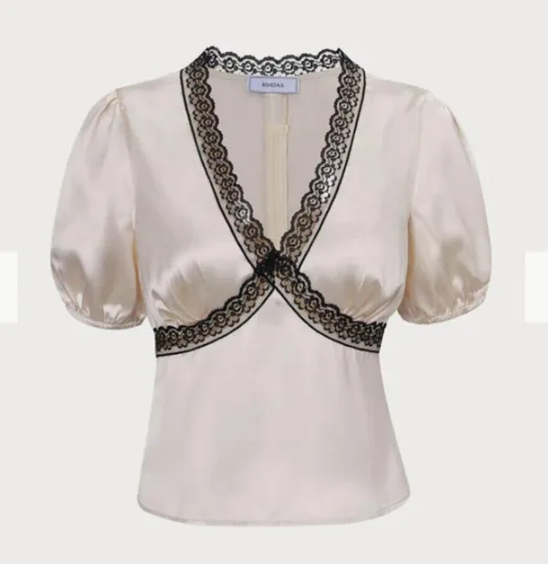 RIHOAS The Apricot V-Neck Lace Puff Sleeve Blouse 3 - Image 5