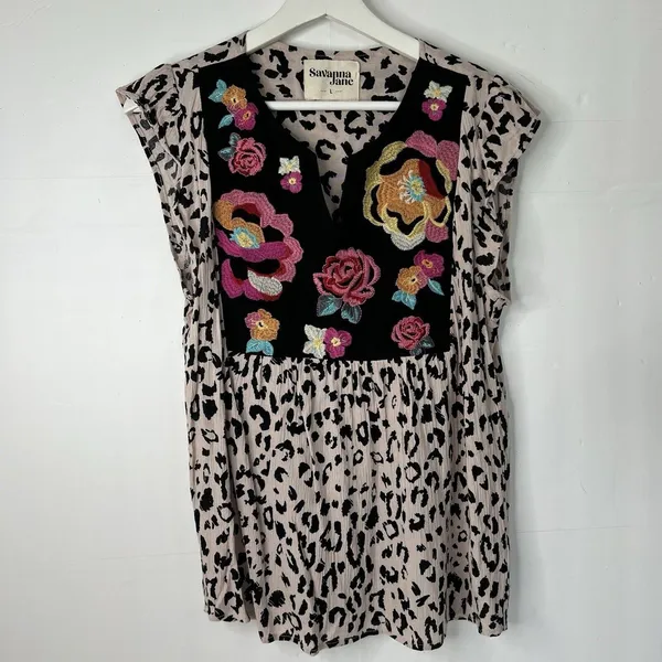 Savanna Jane Size L Blouse Leopard Print Embroidered Floral Top Boho Women's - Image 5