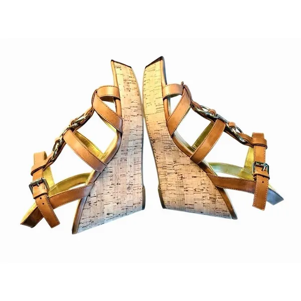 Marc Fisher Genny Brown‎ Leather Strappy Wedge Sandals Gold Metallic Details 10M - Image 4