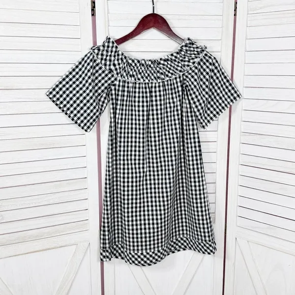 Vineyard Vines Gingham Check Off The Shoulder Shift‎ Mini Dress Black White XS - Image 8