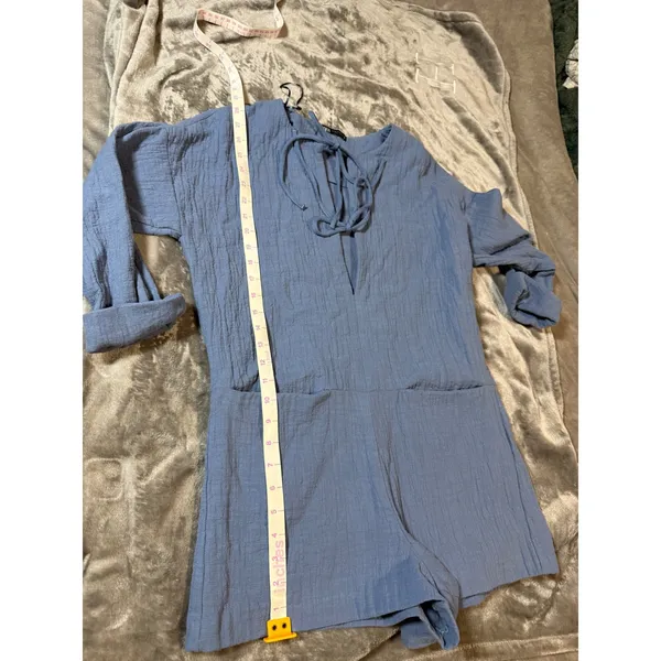 Zara Women Size XS Dusty‎ Blue Romper Tie Front 100% Cotton Lightweight - Image 5