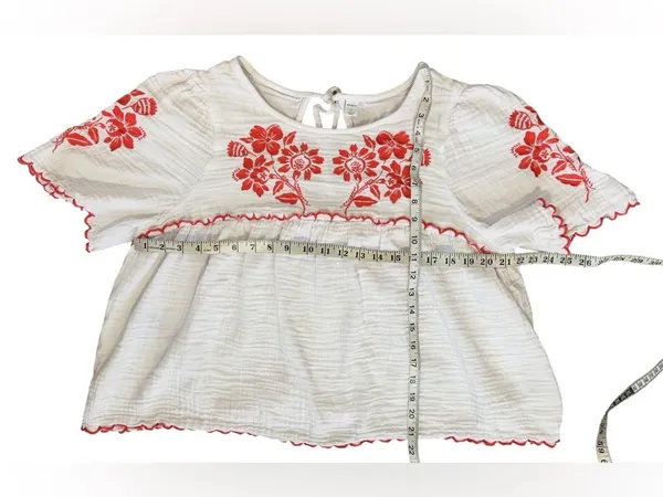 Old Navy Embroidered Crinkle Gauze Boho Peasant Top Orange Floral Scallop XL - Image 4