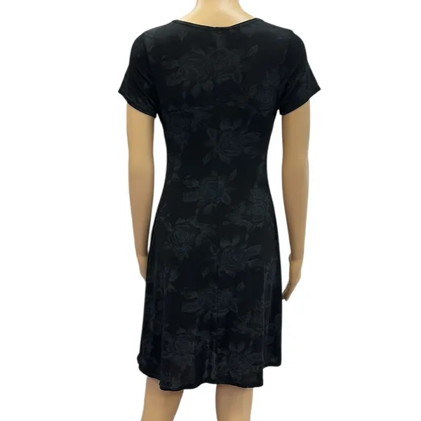 Vintage ESSE Floral Black and Gray Short Sleeve A Line Fit Flare Dress Size M - Image 2
