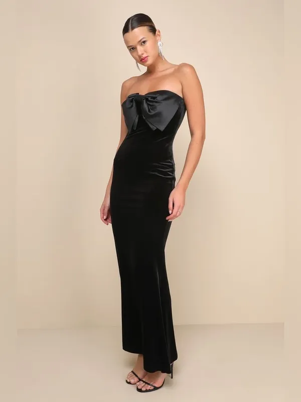 Lulus Dramatic Stunner Black Velvet Bow Strapless Maxi Dress Size XXL old money - Image 3