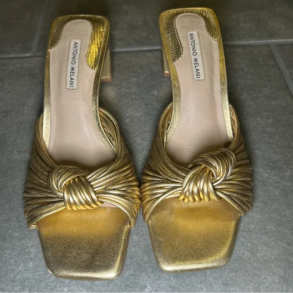 Antonio Melani Gold Knotted Leather Square Toe Sandal Heels Women’s Shoe Size 7 - Image 4
