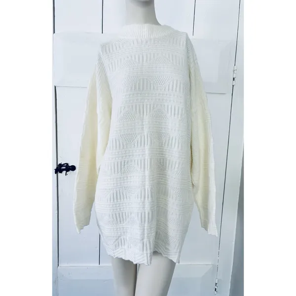 Vintage 80s Spunky Textured Knit Sweater Cream Made in USA Oversized One Size - Image 3