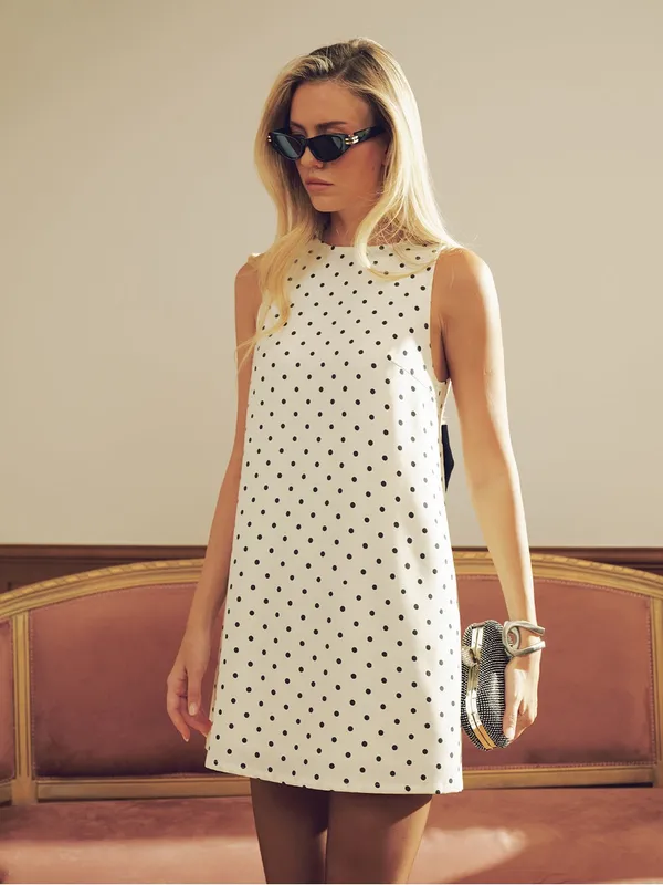Polka Dot Mini Dress with Back Bow Detail Black Size M - Image 3