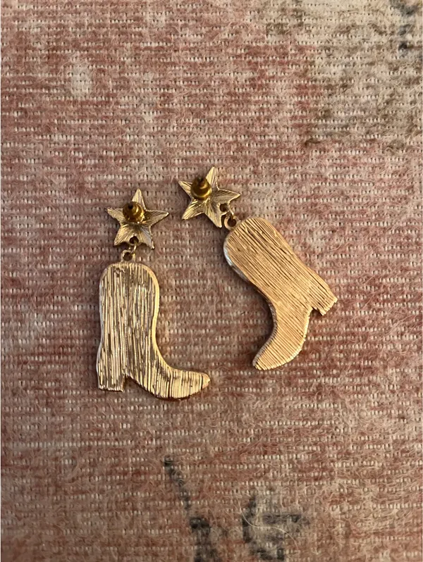 Cow print cowboy boot earrings Gold - Image 2