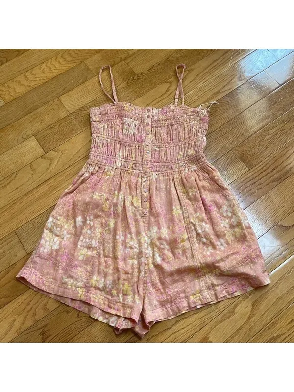 Free People FP One Sammi Shorts Romper 100% Cotton Floral print Orange boho Sz M - Image 3