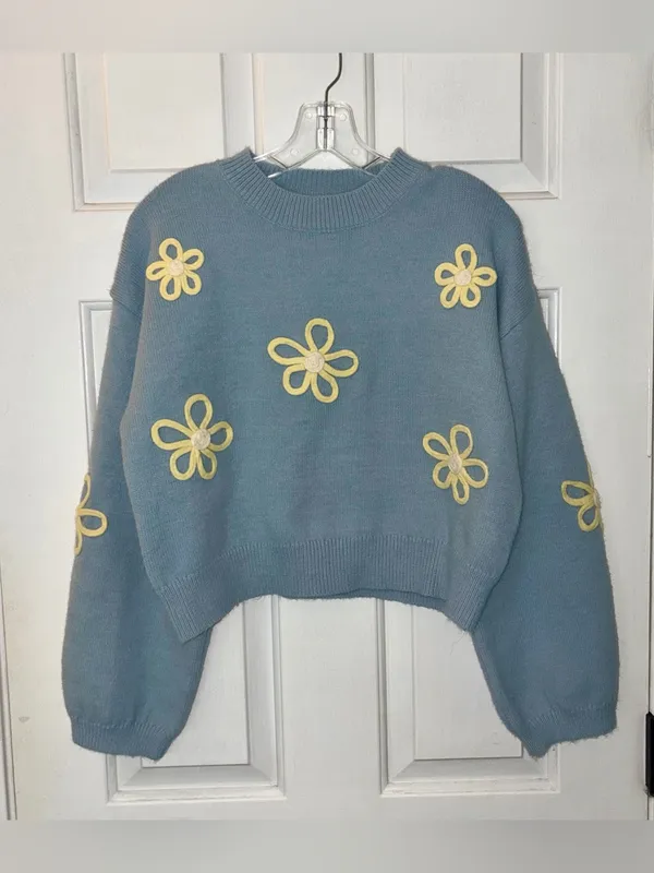 Listicle Pale Blue & Yellow Crewneck Crop Boxy Raised Floral Sweater - Image 2