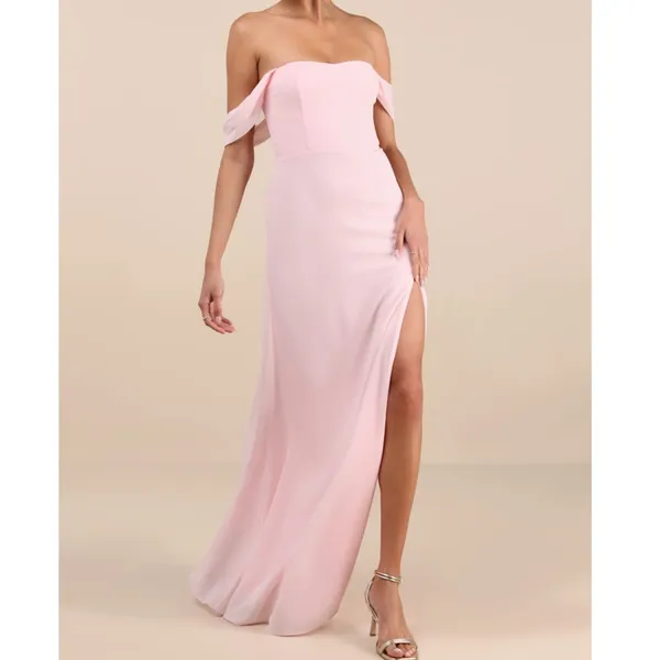NEW Lulus Magical Magnetism Light Pink Off-the-Shoulder Chiffon Maxi Dress Small - Image 3