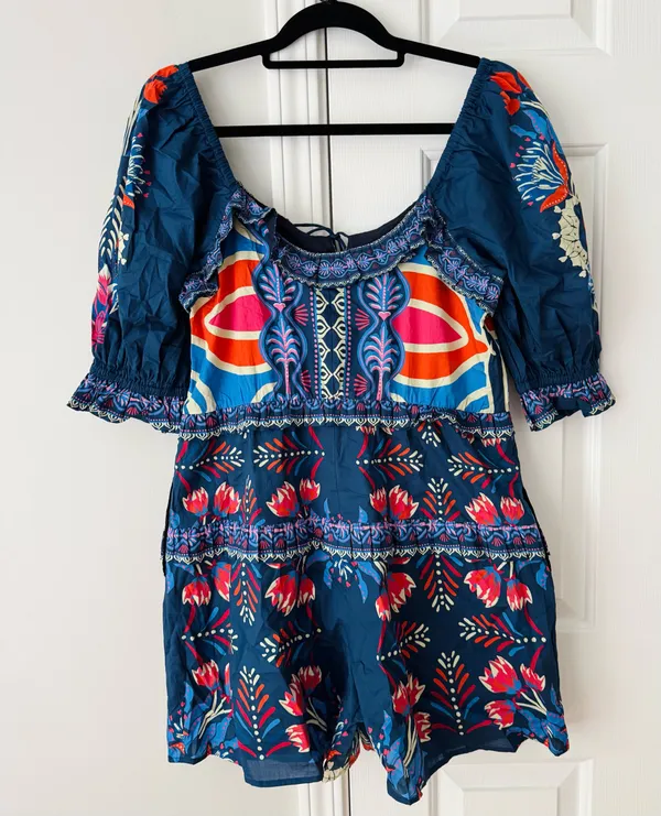 Farm Rio Puff-Sleeve Ruffled Floral Cotton Romper, Size S/M - Image 11