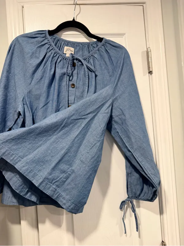 J. Crew Size S Blue Chambray Denim Bow Button Peasant Tie Sleeve Boho Top Blouse - Image 8