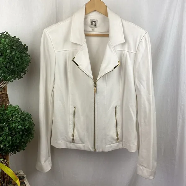 Anne Klein White Long Sleeve Gold Trim Zip Up Ponte Knit Jacket L - Image 2