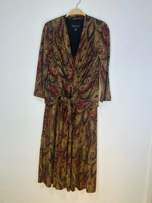 connected apparel Paisley Wrap Midi Dress in Olive and Burgundy - Image 9
