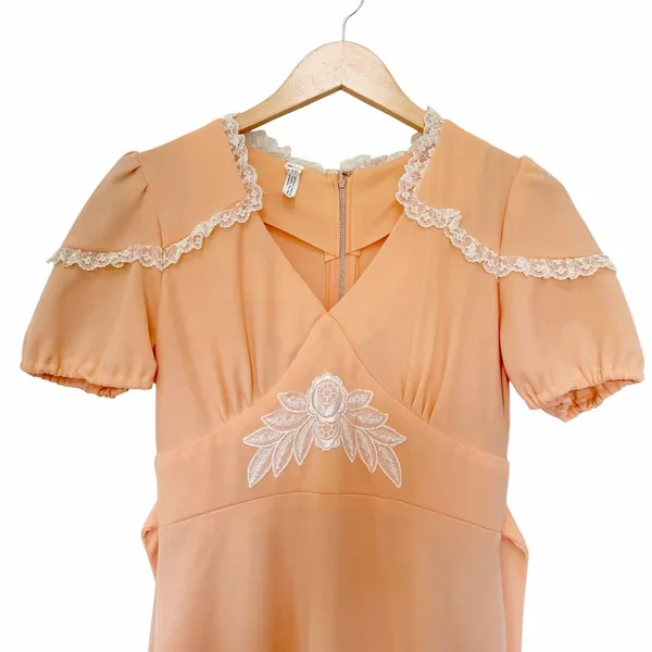 Vintage Peach Prairie Maxi Dress Lace Boho Cottagecore Sz S - Image 3
