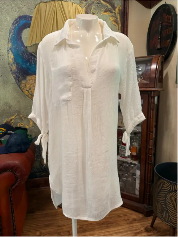 Womens White Gauze Linen Blend Tunic Dress Shirt V-Neck Tie Sleeve Beach Coverup - Image 3