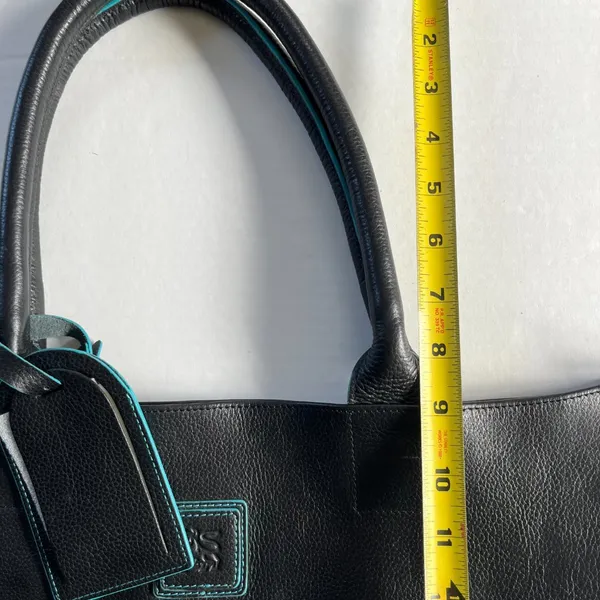 Black Deertan‎ Cowhide Leather Tote Bag Teal Trim Classic Minimalist Purse - Image 11