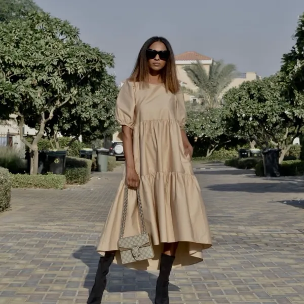 ZARA Asymmetric Puff Sleeve Tiered Cotton Poplin Midi Dress‎ in Camel Size XS - Image 4