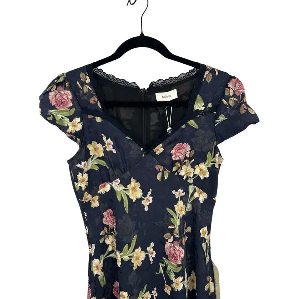 Bohme Floral Cap Sleeve Maxi Navy Blue Lace Autumn Wedding Guest Dress‎ Feminine - Image 4