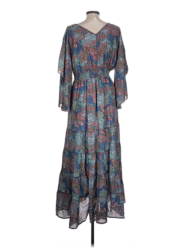 L Boemo Women’s Blue Paisley Animal Tiered Bohemian Maxi Dress Smocked Waist - Image 5