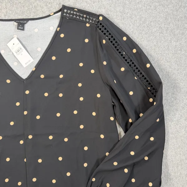Ann Taylor Women's Medium Black Beige Polka Dot V-Neck Blouse Top Lace Trim New - Image 2