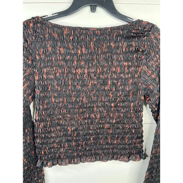 Open Edit Black Brown Ruche Smocked Long Sleeve Scoop Neck Crop Top Sz S - Image 6