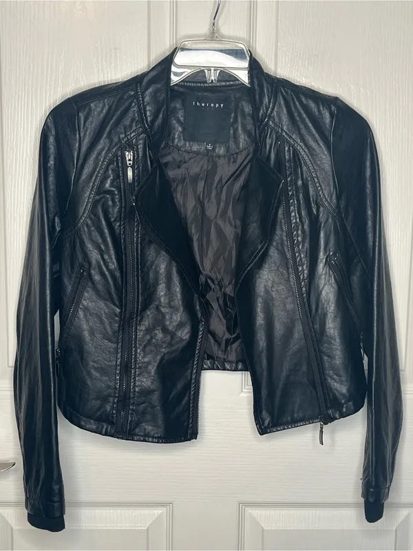 Therapy Black Faux Leather Moto Jacket Sz S Zippers - Image 9