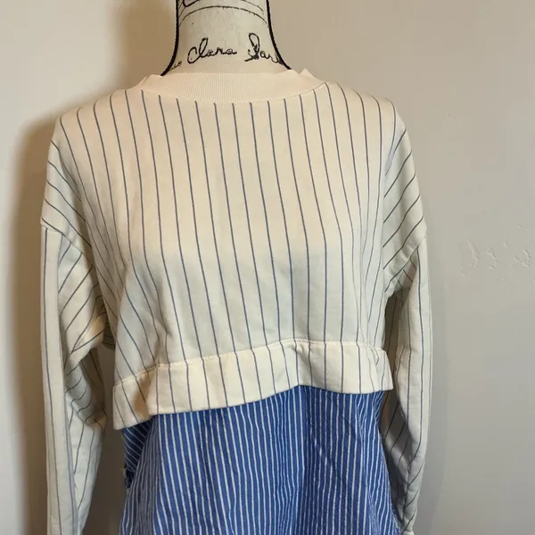 Anthropologie Mixed Media Pinstripe Tie Back Sweatshirt Top Blue Cream Medium M - Image 2