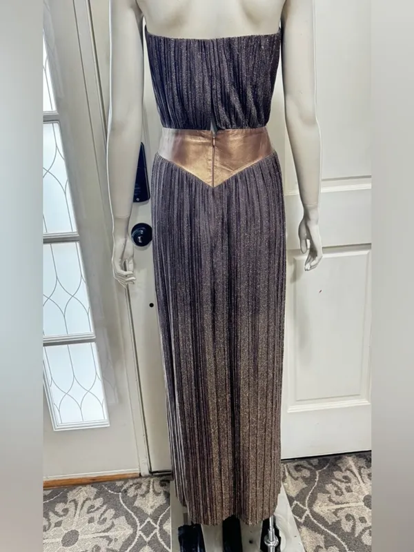 Dress the Population TUBE Metallic Brown Pleated Maxi Dress Wide Belt Sz M C-27 - Image 4