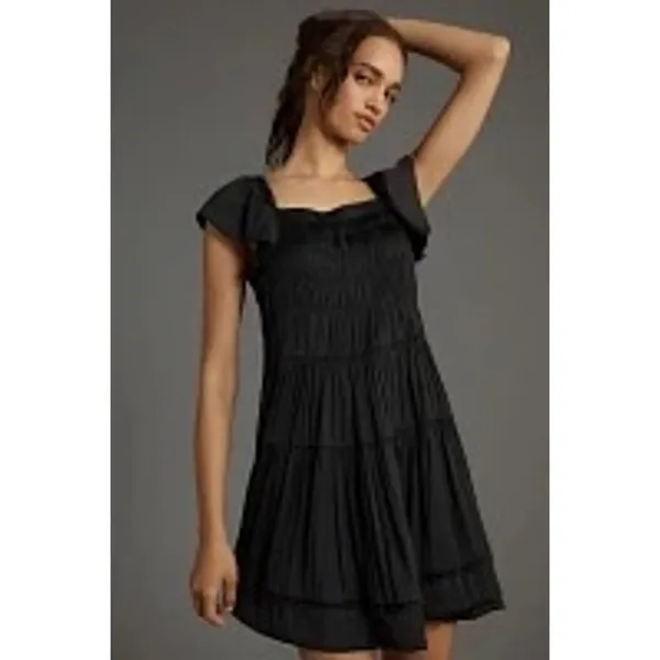 Anthropologie NWT Black Flutter Sleeve Square Neck Smocked Mini Dress Size‎ M - Image 11