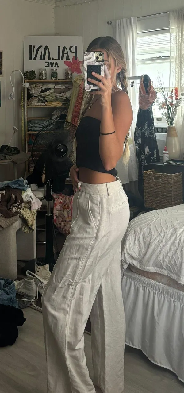 H&M Beige Linen Zip Up Pants - Image 3