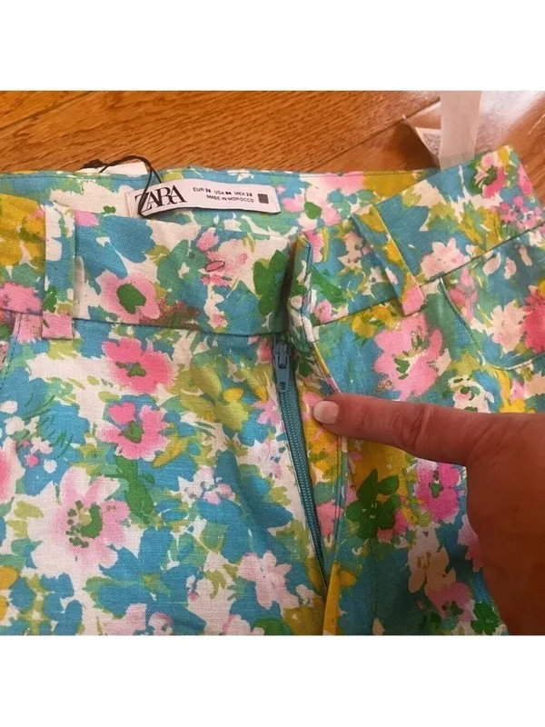 Zara High-Waisted Retro Floral Kick Flare Linen Pants Disco Cottagecore Sz 4 - Image 9