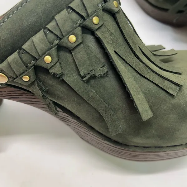 Dansko Fringe‎ Mules Sz 9 EU 42 Olive Green 3” heel New - Image 7