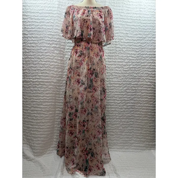 Show Me Your Mumu Hacienda Maxi Dress Floral Off Shoulder Pink Cream Boho Gown - Image 3