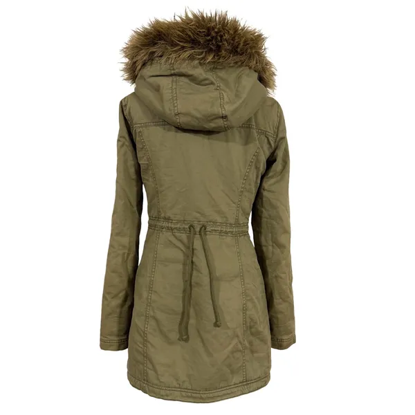 Hollister Women's Olive Green Faux Fur‎ Hood Cotton Parka Jacket Size S Y2K - Image 4