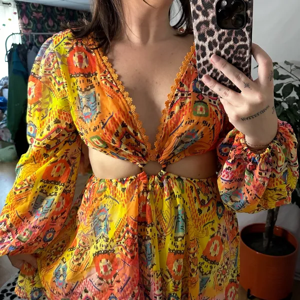 Plunge V-Neck Long Sleeve Cut Out Mini Dress Yellow Orange - Image 3
