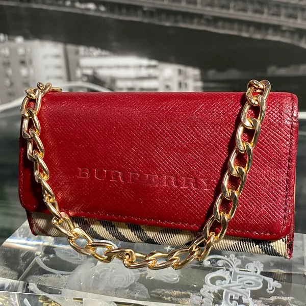 Authentic Rare Burberry Red Leather Nova Check Key Case - Image 3