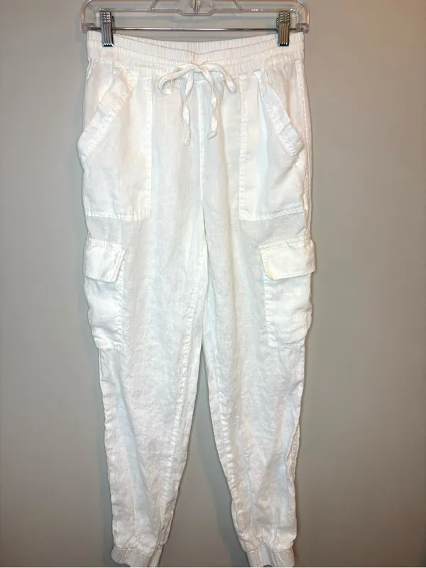 Magaschoni White 100% Linen Cargo Jogger Pants Size S Drawstring - Image 2