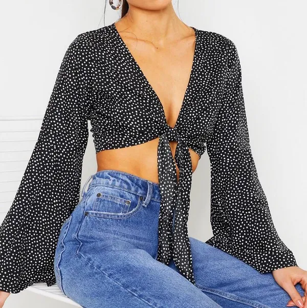 Polka Dot Self Tie Wrap Bell Wide Sleeve Crop Top - Image 2