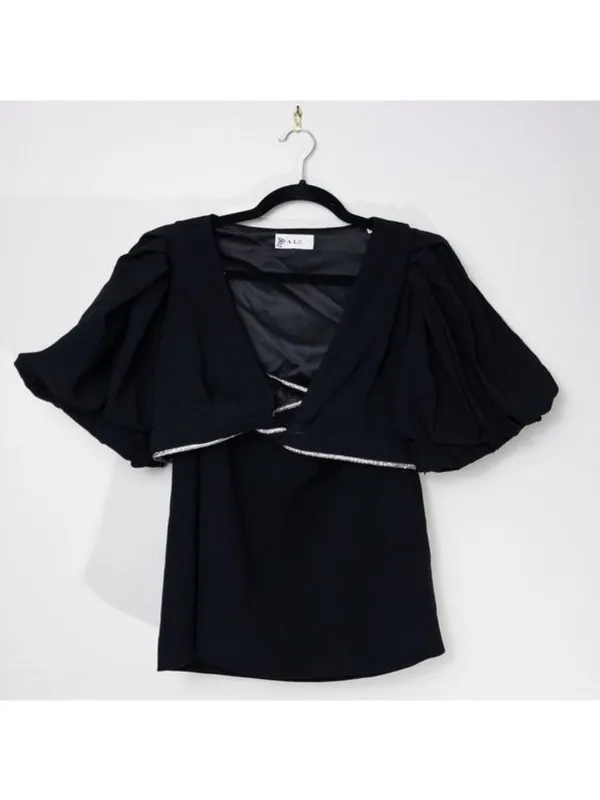 ALC Frank Hazel Crystal Twist Cutout Mini Dress 12 Black Balloon Puff Sleeve Diamond - Image 6