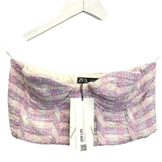 Zara Bustier Top Tweed Plaid Cropped Strapless Pink White Medium‎ NEW - Image 5
